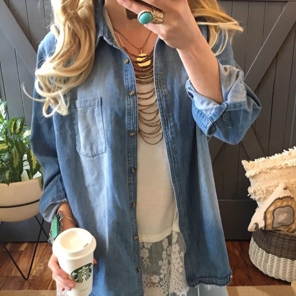 Ava & Viv Tops - 2X Plus Size Denim Chambray Long Sleeve Shirt Top